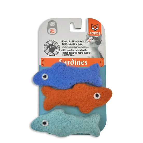 Zigly FO FOS wool handmade catnip sardine cat toys in blue, orange, and light blue colors