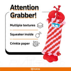 Zigly red and pink textured dog toy with squeaker and crinkle paper, multiple textures