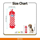 Zigly size chart showing red and pink dog toy with dimensions next to a tennis ball and beagle dog