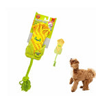 Zigly corn-shaped puppy toy with squeaky feature and small dog looking at it