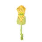 Zigly yellow corn-shaped woven dog toy with green leaves and smiling face embroidered