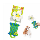 Zigly puppy toy with smiling flower and blue-green rope in flower pot, small dog looking up