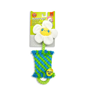Zigly puppy toy with smiling flower and blue-green braided rope for teething and chewing