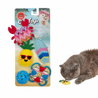 Zigly colorful cat toys set with crab, pineapple, surfboard, ball, lifebuoy and a grey cat playing
