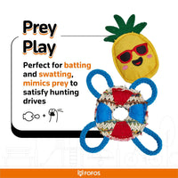 Zigly cat toys including a pineapple plush and colorful rope ring, perfect for batting and swatting prey play