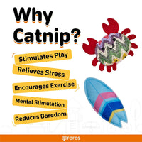 Zigly catnip toys shaped like a crab and fish with benefits of catnip stimulating play and reducing stress