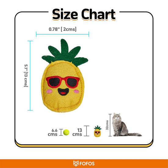 Zigly pineapple-shaped cat toy with sunglasses size chart comparing toy, tennis ball, and cat heights