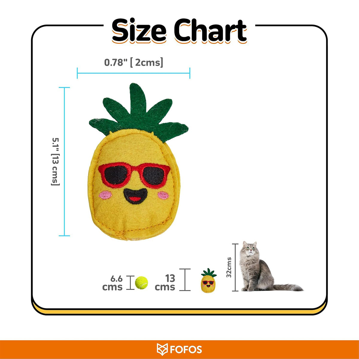 Zigly pineapple-shaped cat toy with sunglasses size chart comparing toy, tennis ball, and cat heights