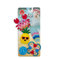 Zigly colorful cat toys set featuring crab, pineapple, surfboard, ball, and lifebuoy designs