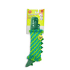 Zigly green and blue plush puppy toy shaped like an alligator with squeaky feature in packaging