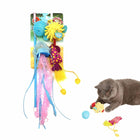 Zigly cat toys set with colorful plush fish, ball, and feather teether, gray cat playing