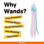 Zigly cat wand toy with pink and blue ribbons highlighting prey simulation and exercise benefits