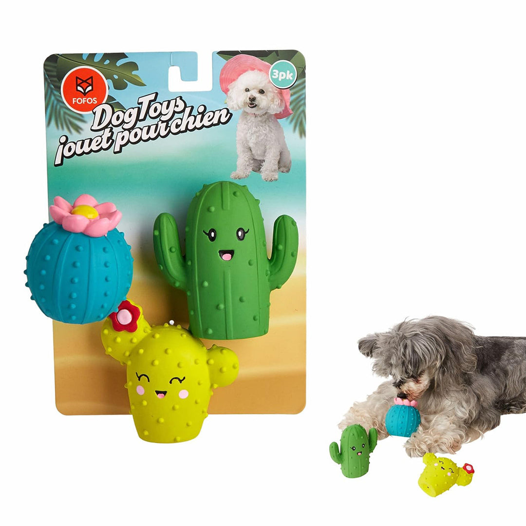 Zigly cute cactus-themed dog chew toys in blue, green, and yellow with a dog playing