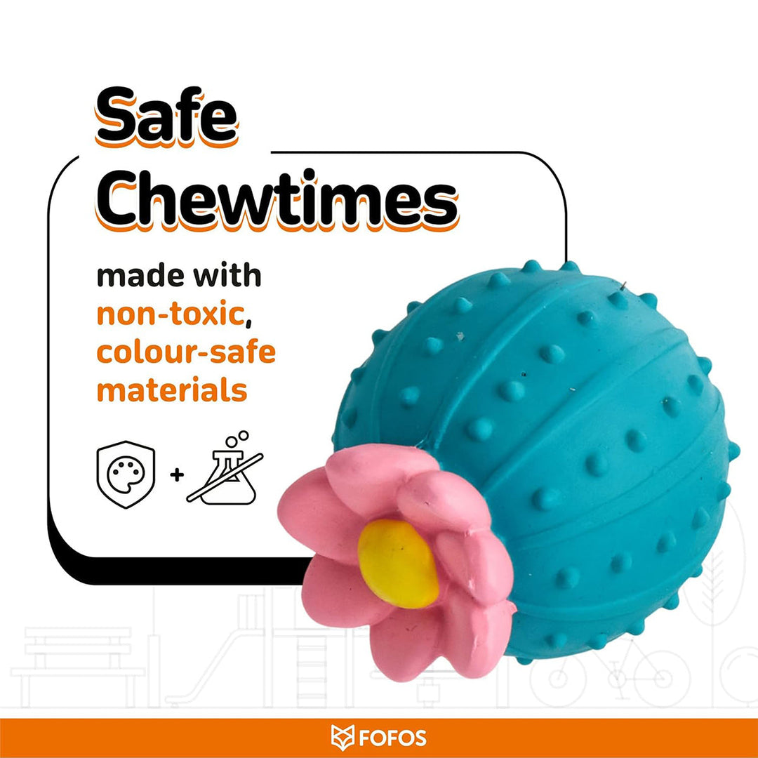 Zigly safe chew times dog toy with blue textured ball and pink flower made from non-toxic color-safe materials