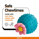 Zigly safe chew times dog toy with blue textured ball and pink flower made from non-toxic color-safe materials