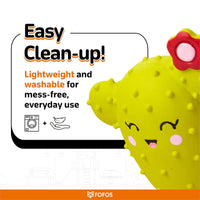 Zigly lightweight washable yellow baby toy with pink cheeks and red flower for easy clean-up