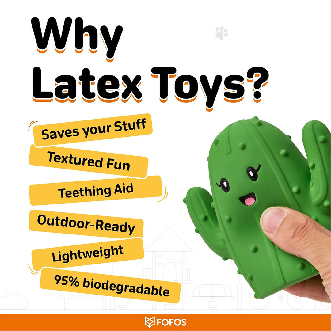 Hand holding green cactus-shaped latex toy with benefits like teething aid and biodegradable zigly