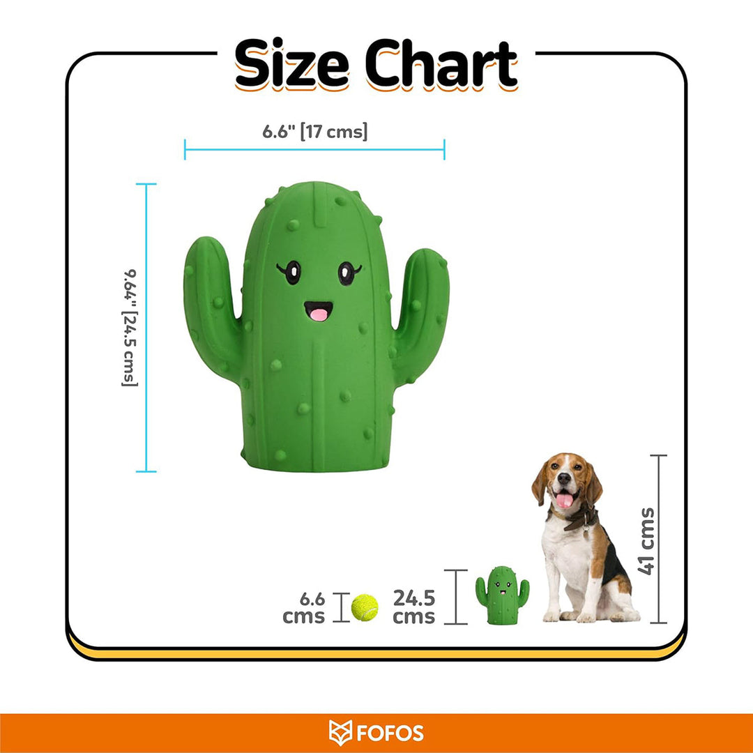 Zigly green cactus dog toy with happy face, 6.6x9.6 inch size chart with tennis ball and dog