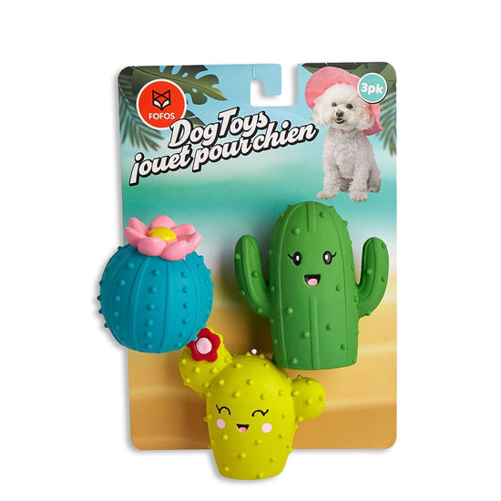Zigly 3-pack colorful cactus-shaped dog toys with smiling faces and flower details
