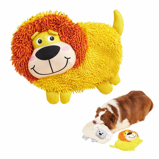 zigly yellow and orange lion plush dog toy beside brown and white dog with white sheep toy on white background