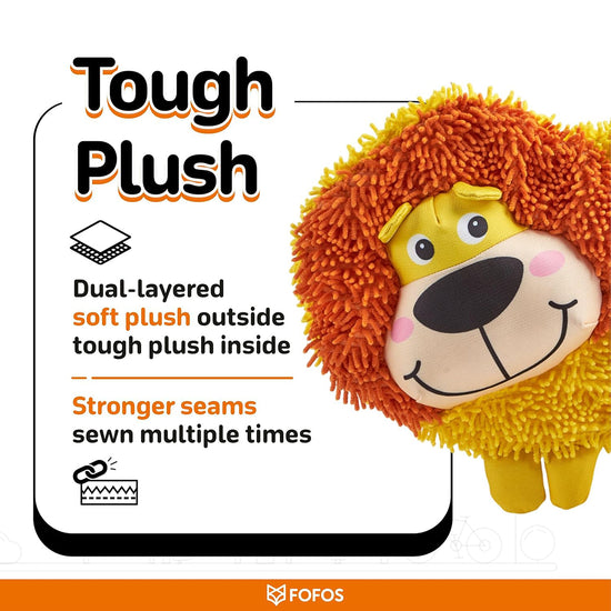 Zigly tough plush lion dog toy with dual-layered soft and tough plush, stronger seams