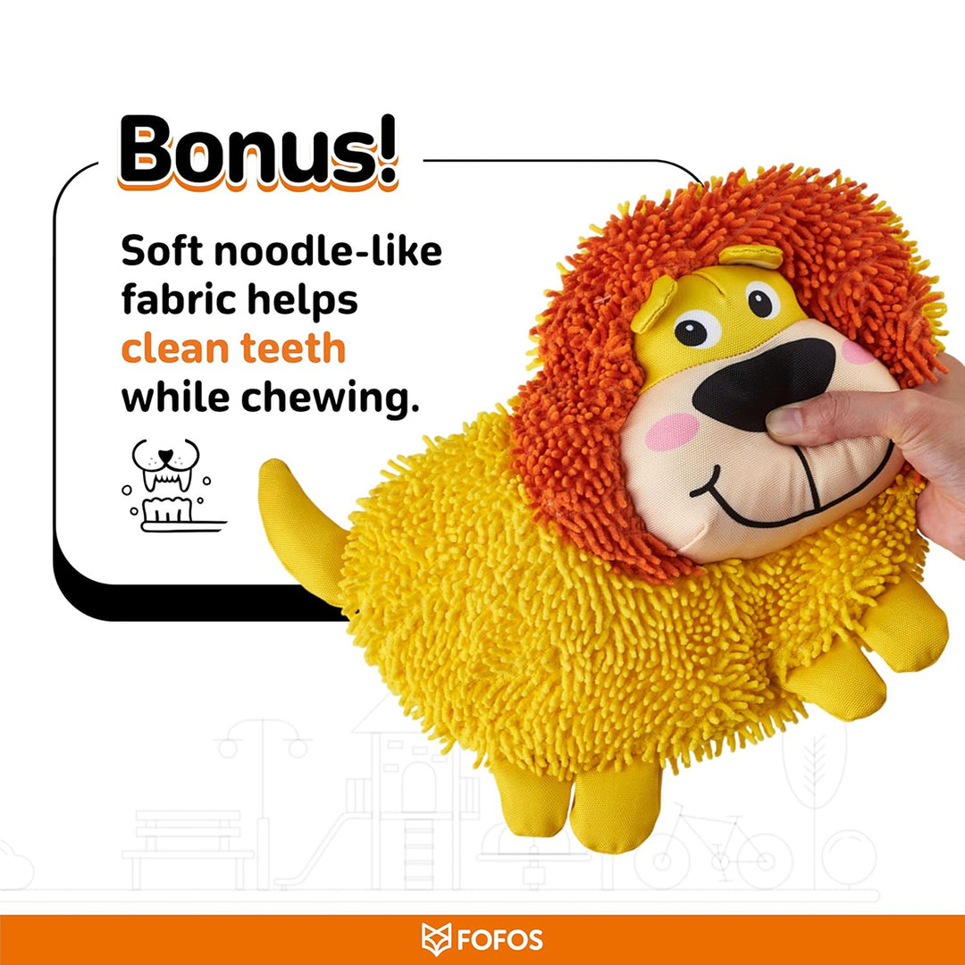 Zigly lion dog toy with soft noodle-like fabric that cleans teeth while chewing, held by hand
