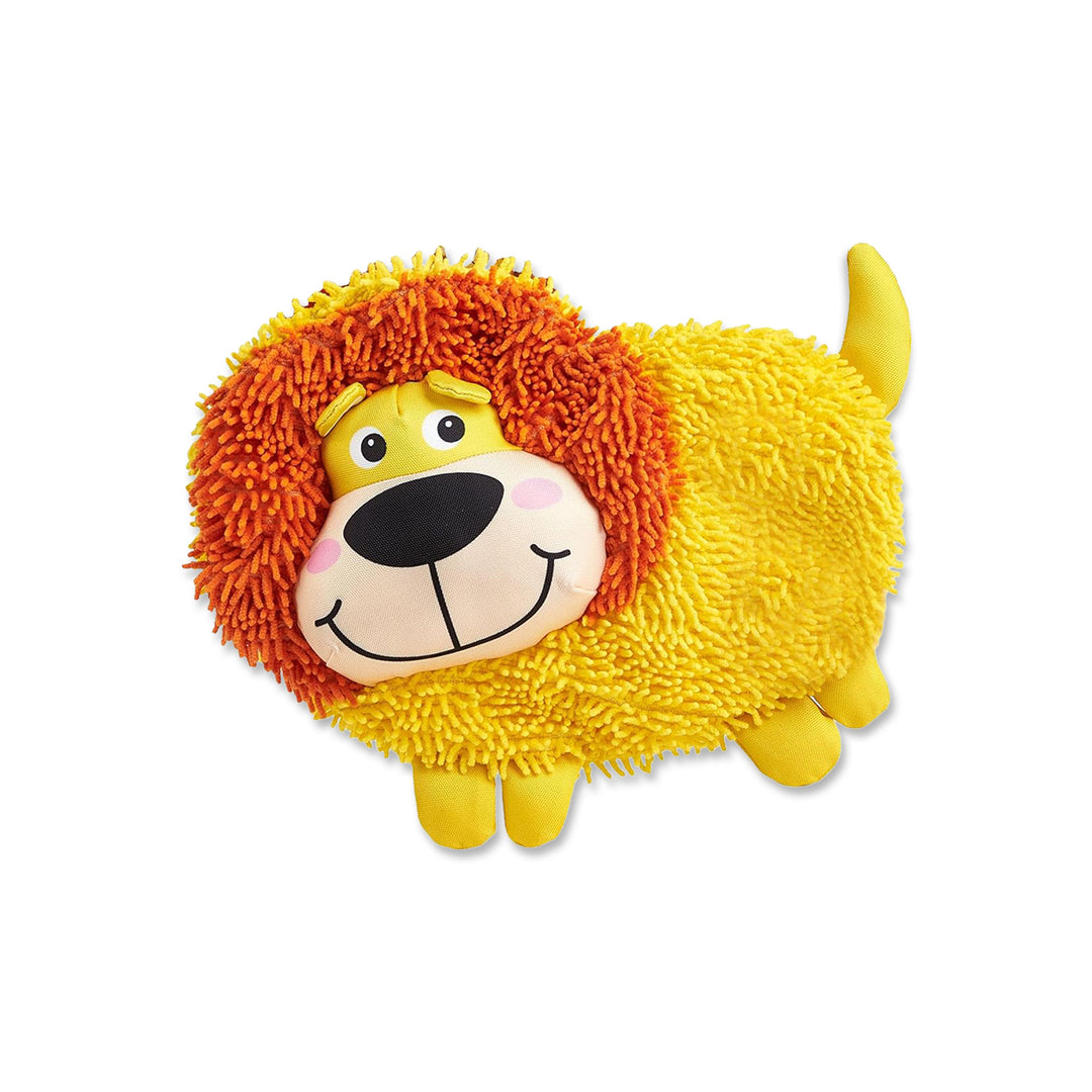 Zigly yellow plush toy lion with orange mane and smiling face on white background