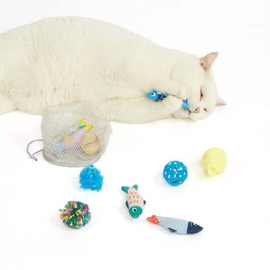 White cat playing with blue fish toy surrounded by colorful cat toys and play balls by zigly