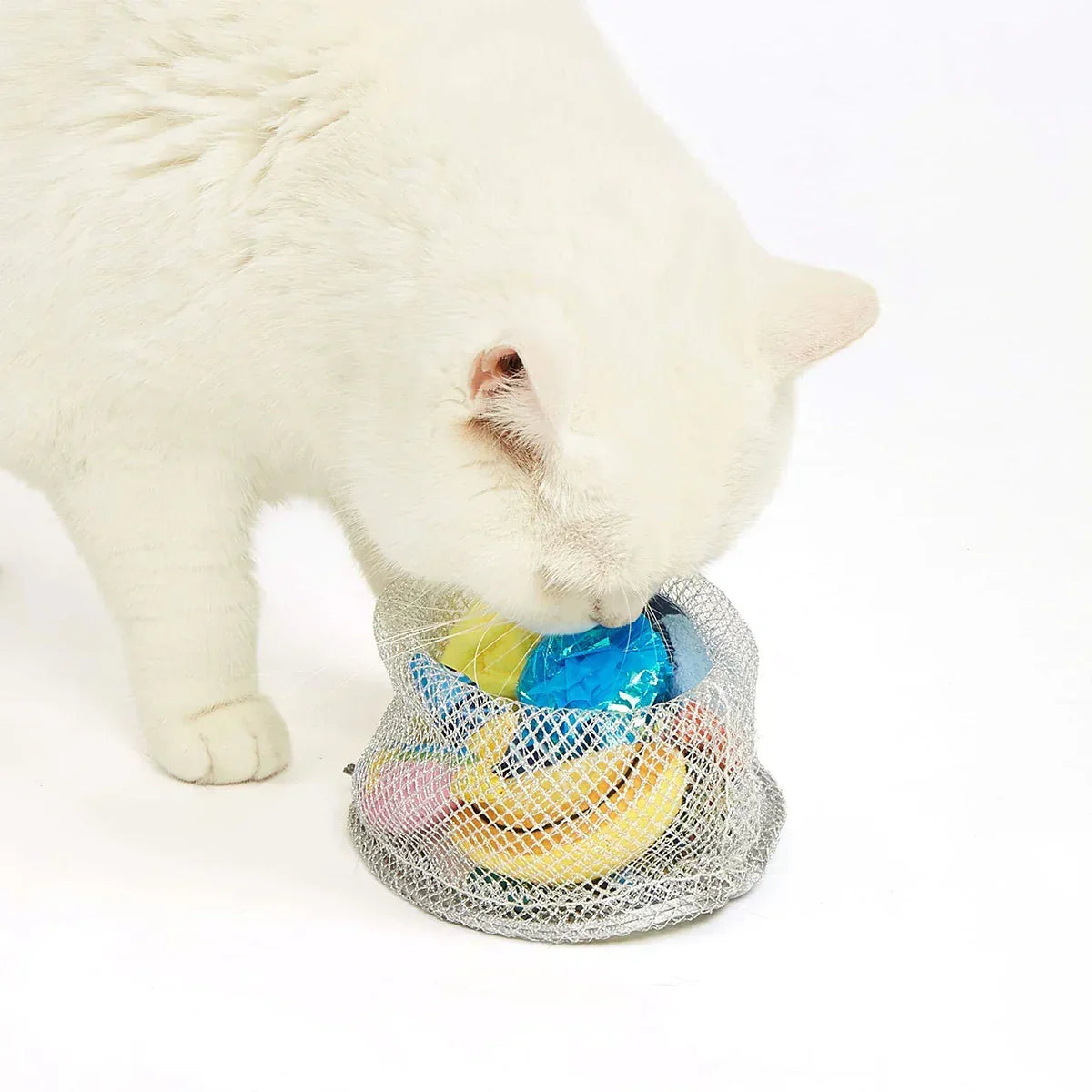 White cat sniffing a mesh bag filled with colorful cat toys including a banana and blue ball by zigly