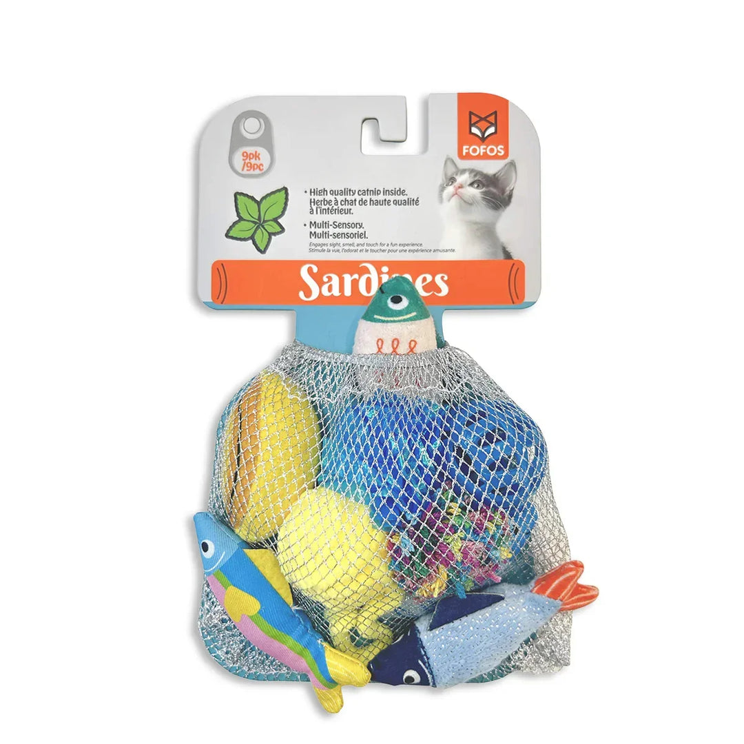 Zigly Fofos catnip-filled sardines plush cat toys set in mesh bag with colorful fish shapes