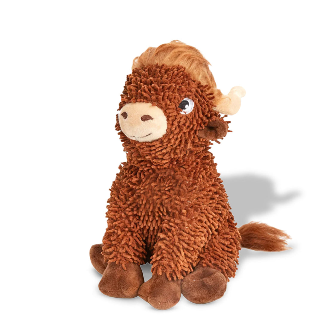 Zigly plush toy of a brown Highland cow with textured fur and curved cream horns on white