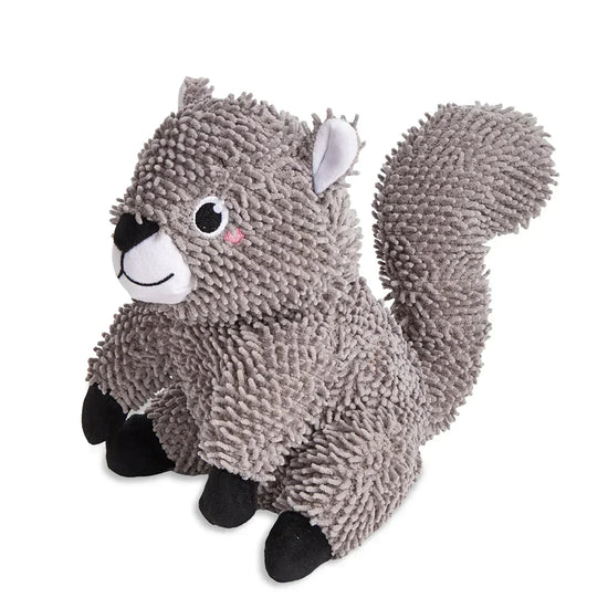 Zigly gray plush squirrel toy with textured fur and black paws on white background