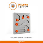 Zigly FOFOS gray puzzle toy with orange pegs promoting BPA, PVC & phthalate-free safety