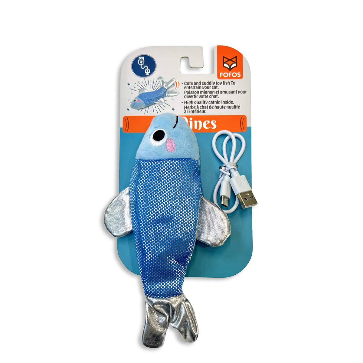 Zigly blue cat toy fish with silver fins, rechargeable USB cable, Fofos packaging