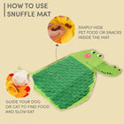 zigly green crocodile snuffle mat for pets hiding food to slow eat, dog and cat feeding aid