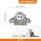 Zigly small plush owl cat toy measuring 4.13x2.75 inches, soft striped fur, size comparison with tennis ball and cat