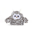 Zigly plush toy owl with fuzzy gray and white striped fur and embroidered face on white background