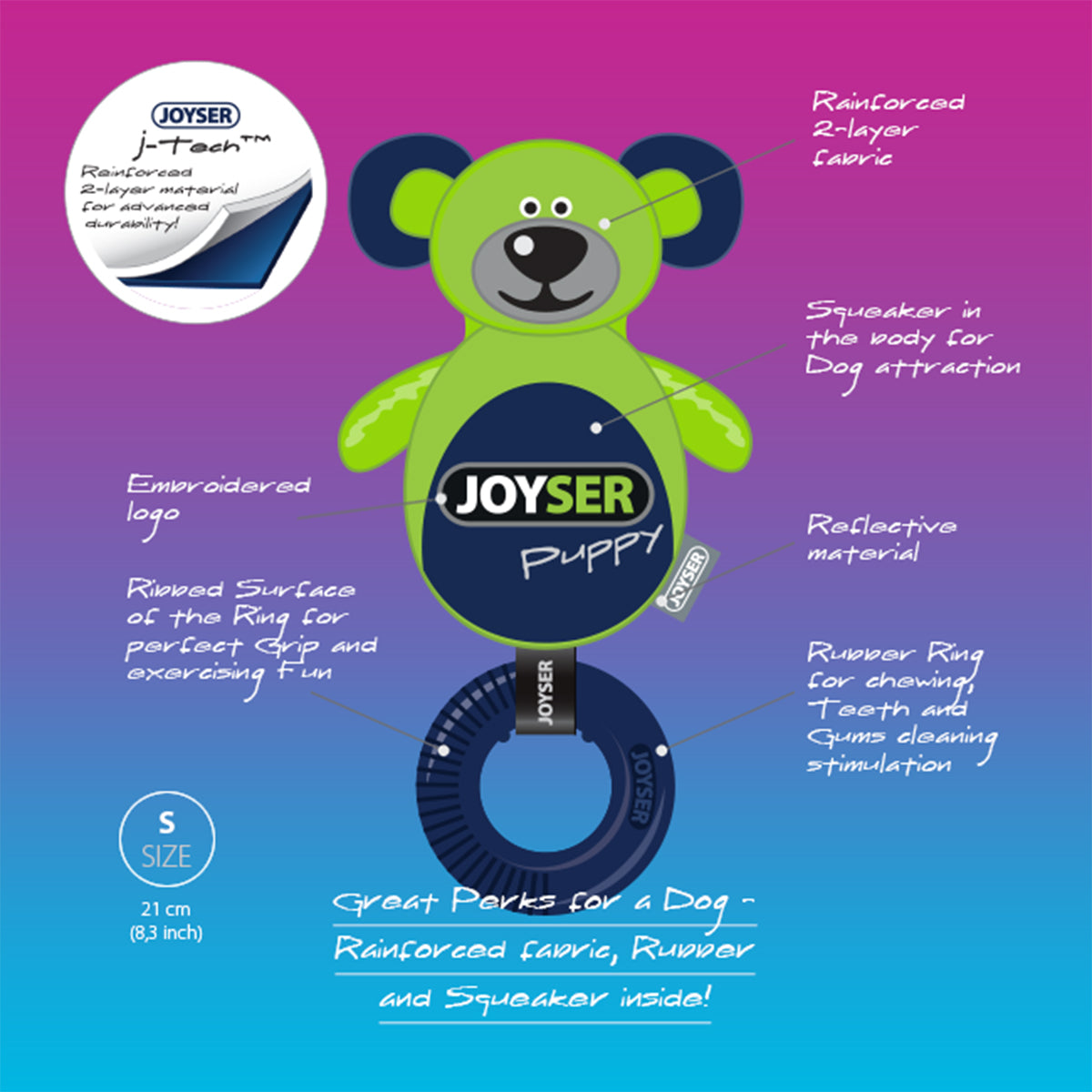 Joyser Puppy Bear With Ring Dog Toy - Green/Blue - S-M