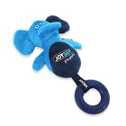 Zigly blue plush elephant dog toy with JOYSER puppy logo and navy ring handle