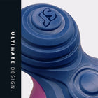 Close-up of blue and purple fitness tool with JS logo and ultimate design text, zigly