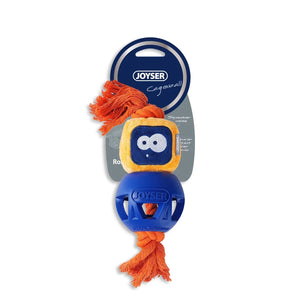 Joyser Cageball robot yellow dog toy with blue rubber ball and orange rope from zigly