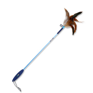 Zigly cat toy with blue stick and brown feather teaser for interactive pet play