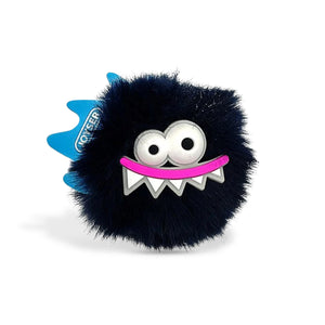 Zigly black fuzzy monster keychain with white eyes, pink smile, and blue horns on white background