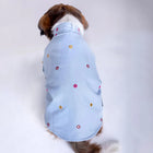 Small dog wearing zigly light blue embroidered shirt for pets on white background