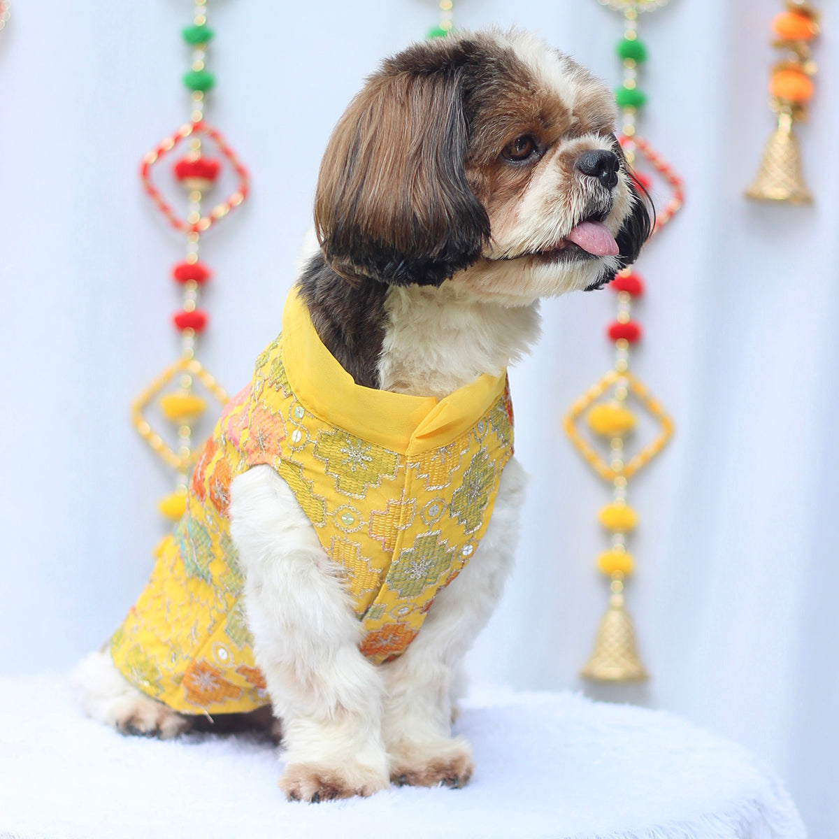 Pawgy Pets Festive Patola Dog Kurta Yellow