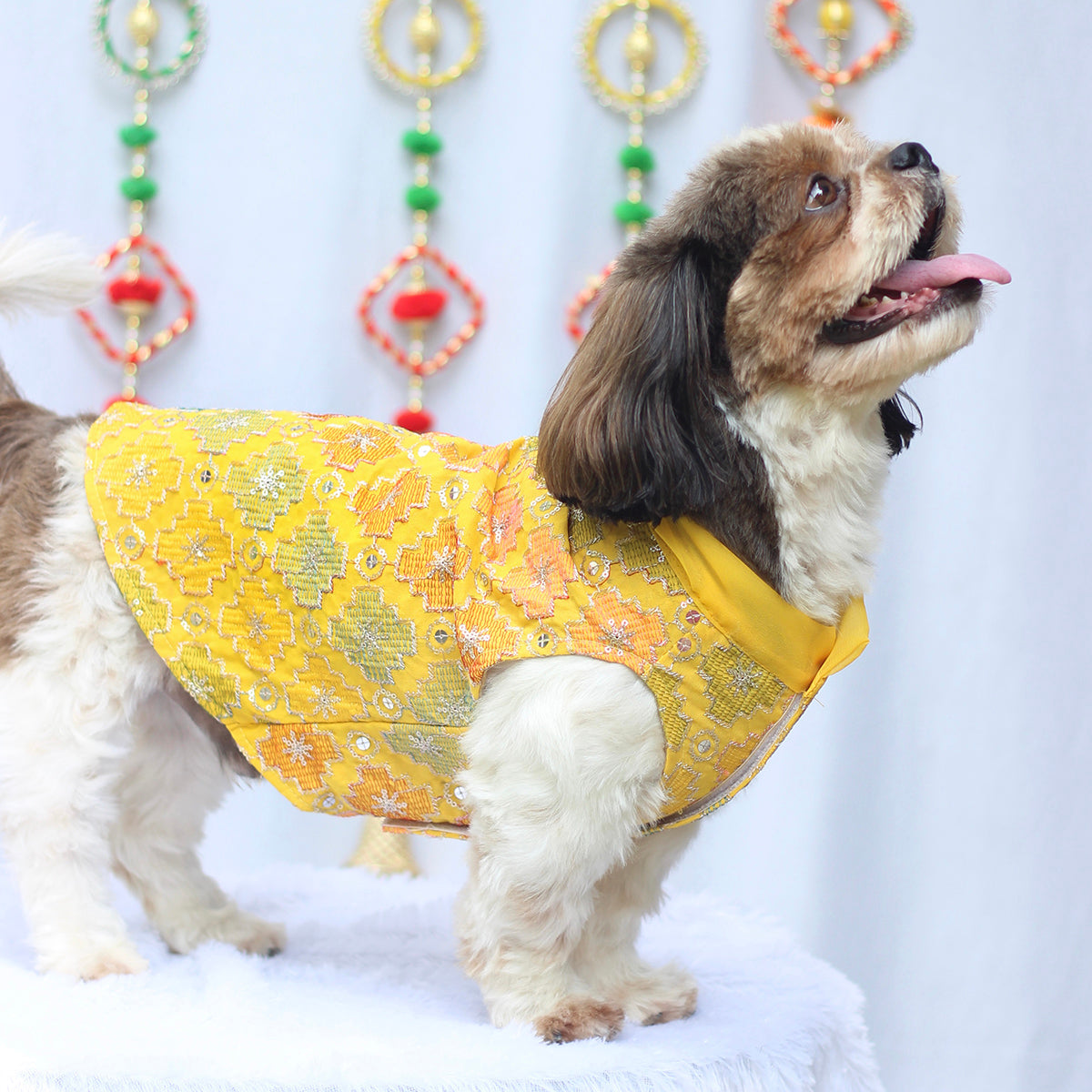 Pawgy Pets Festive Patola Dog Kurta Yellow