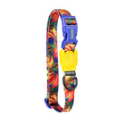 Zigly colorful floral dog collar with blue buckle and yellow Farm Rio charm