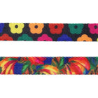 Two zigly colorful woven straps with floral and abstract patterns on black background