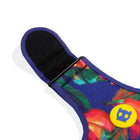 Zigly floral patterned strap with blue edging and yellow button featuring blue skull icon