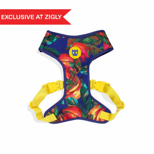 Exclusive at Zigly colorful tropical floral dog harness with yellow straps and buckle